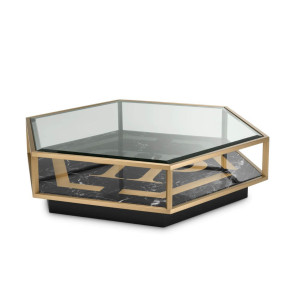 EICHHOLTZ COFFEE TABLE FALCON VIEW FAUX MARBLE BLACK BRUSHED BRASS 